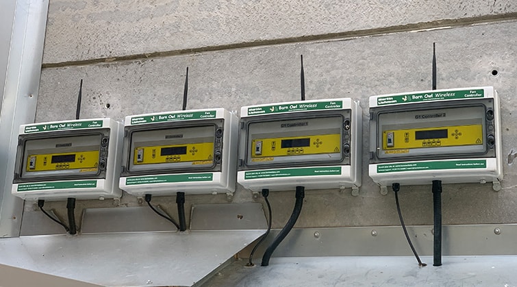 Barn Owl Wireless automatic fan controllers installed in a grain store.