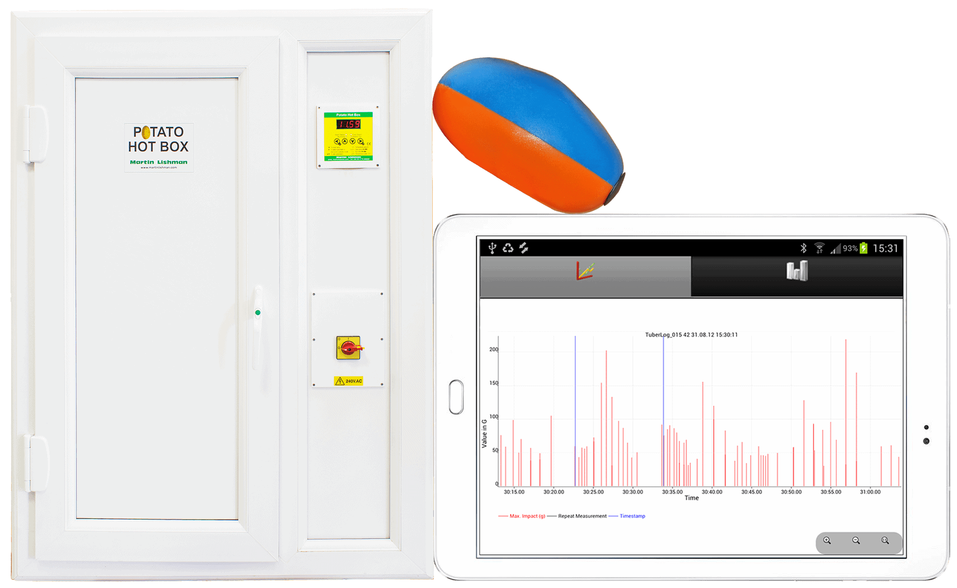tuberlog electronic potato used in conjunction with a hotbox to identify bruising